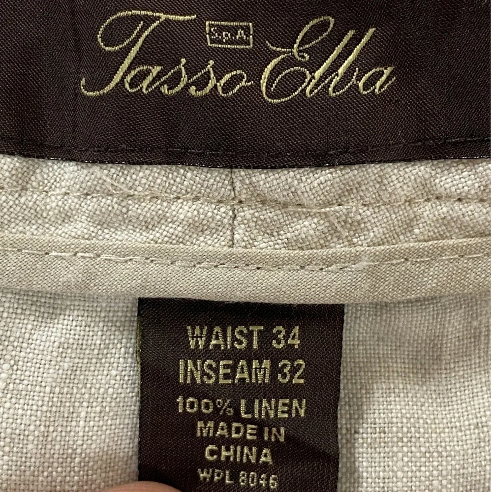Tasso Elba 100% Linen Trousers Mens 34x32 Beige Flat Front Summer Beach Pants